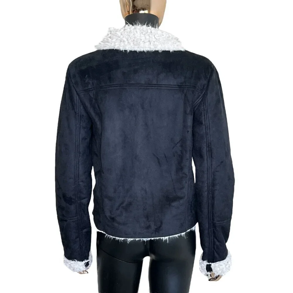 CAGE Black Faux Suede Sherpa Moto Jacket Medium Asymmetrical Zip Biker Coat